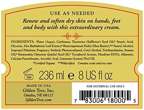 GILDEN TREE Nourishing Foot Cream with Organic Aloe Vera and Shea Butter, 8 ounce jar, Heals Dry Skin, Cracked Heels, Calluses and Softens Rough, Flaky Dead Skin