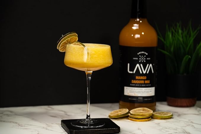 LAVA Premium Mango Daiquiri Mixer Made with Real Mango Juice, Cane Sugar, Agave Nectar. No Artificial Sweeteners, Flavors, or Colors. Gluten Free, Vegan, Non-GMO. 1-liter (33.8oz) Glass Bottle