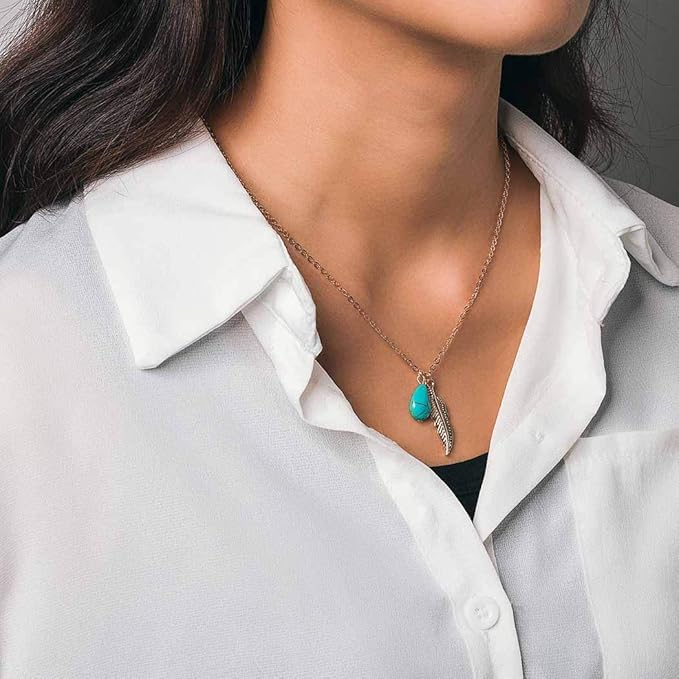 Boho Turquoise Necklaces Silver Feather Pendant Necklace Chain Short Delicate Dainty Necklaces Jewelry for Women