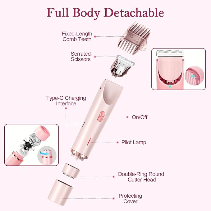 Dermave Bikini Shaver 2.0, 2025 New Glow Aura Bikini Trimmer for Women, 2 in 1 Dual Head Electric Razors for Women, IPX7 Waterproof Wet & Dry Electric Shaver, Rechargeable Portable Body Shaver (Pink)