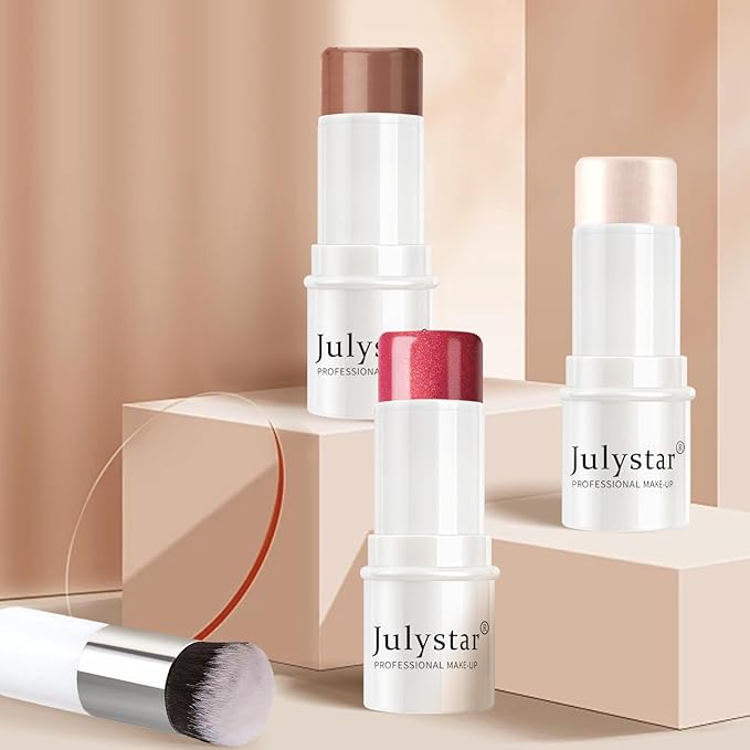 3Pcs Cream Contour Stick Makeup Set, Cream Bronzer Blush Highlighter Stick for Cheeks Eyes Lips, Long Lasting Waterproof Blendable Dewy Finish Face Stick Trio Wand for All Skin (1+3+6)