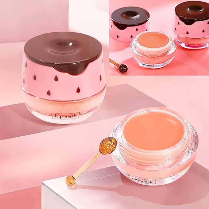 2 Pack Strawberry Lip Sleeping Mask,Plumping Lip Hydrating Bee Lip Balm Honey Pot Propolis Moisturizing Lip Balm With Stick,Lip Exfoliating Bee lip Balm Sleeping Lip Mask