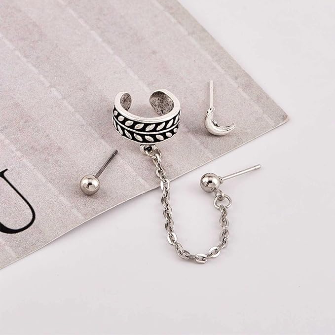 Bohemia Moon Cuff Chain Earrings Silver Chain Climber Dangle Earrings Tassel Chain Cartilage Earrings Chain Drop Dangle Earrings Set for Women and Girls