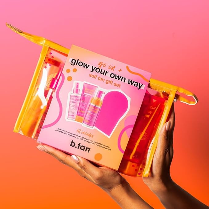 b.tan Clear Self Tanning Gel Travel Size Kit | Glow Your Own Way Gift Set - Includes Mini Dark Fake Tanner Mousse, Gradual Bronzing Face Mist, Express Transfer Free Tan Gel, & Applicator Mitt