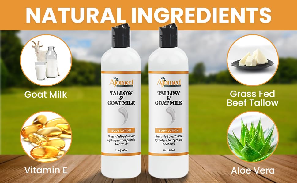 Grass Fed Beef Tallow & Goat Milk Body Lotion for Sensitive Skin, Organic Tallow Lotion - Soothes Dry Patches, Goat Milk Moisturizer - Handmade Tallow Body Lotion (Oatmeal & Honey, 8 Oz)