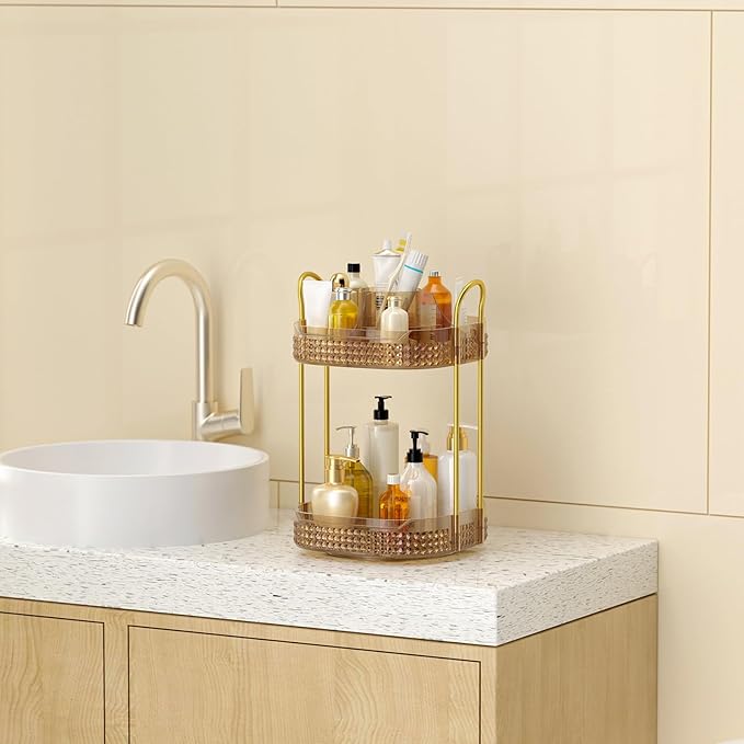 360° Rotating Makeup Organizer 2 Tier, Large Skincare Clear Make Up Storage Spinning Perfume Organizers for Bathroom Counter Dresser, Pink