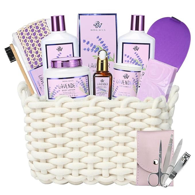 Bath and Body Gift For Women and Men - Lavender Home Spa Gift Set,Mug,Shower Gel,Bubble Bath,Lotion,Bath Bombs,Eye Mask,Manucure Set, Bath Belt, Body Oil,Bath Soak,Lip Balm,Soy Candle For Daily Use