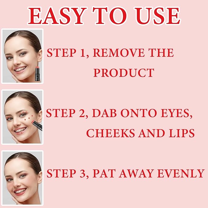 Cream Contour Blush Stick,Long Lasting Waterproof Blush Stick for Cheeks&Lips Multipurpose Face Highlighting Concealing Cream,Shimmer Contour Stick Makeup for Women(Rose Red)