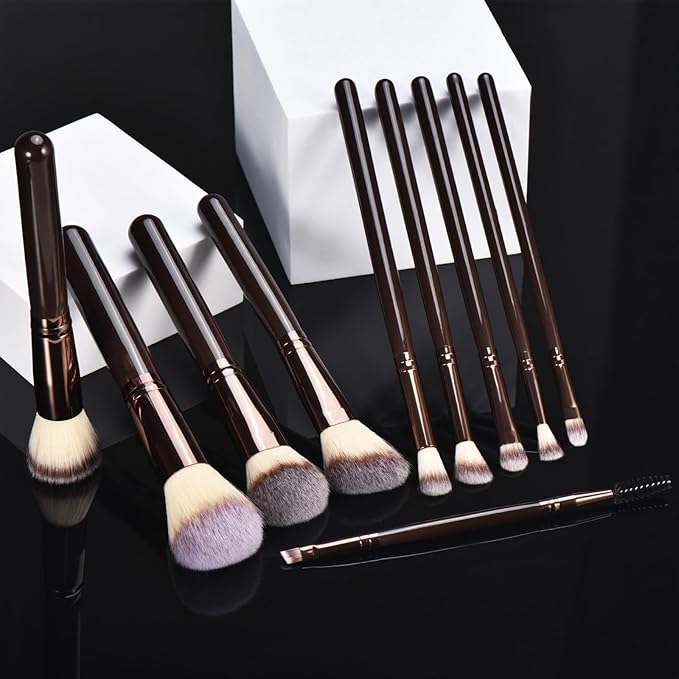 10 Piece Black brown Makeup Brushes - Wooden Handle with Soft Synthetic Bristles,for Face & Eye Makeup|Professional Makeup Brushes set for Women & Girls|