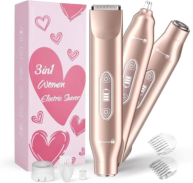 Bikini Trimmer for Women,3 in 1 Electric Razor with Ceramic Blades, IPX7 Waterproof, USB Rechargeable, Painless Hair Removal for Face,Body,Bikini Area, Travel Grooming Kit (Rose Gold)