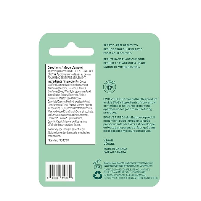 ATTITUDE Lip Balm, Natural Origin, Nourishes & Protects, Shea Butter, Coconut & Olive Oils, EWG Verified, For Dry Lips, Men and Women, Vegan, Fresh Mint, 0.3 Oz