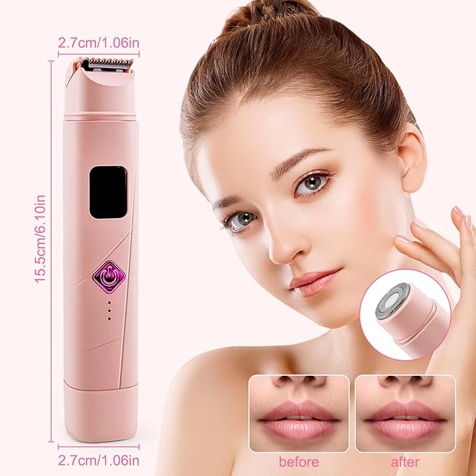 Bikini Trimmer for Women - 2 in 1 Women Electric Shaver Dual Head IPX7 Waterproof Wet & Dry Use Body Hair Trimmer and Facial Hair Remover for Bikini Underarm Leg Arm Body Face, Pink