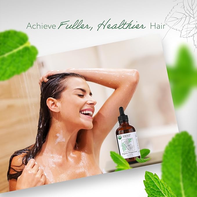 HBNO California Bottled Organic Peppermint Essential Oil (Mentha Piperita) 4 fl oz (120ml) - USDA Certified Organic Peppermint Oil for Hair - Perfect for Aromatherapy