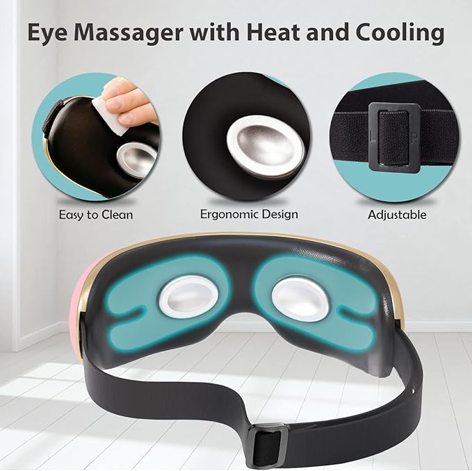 Eye Massager with Heat and Cooling for Migraines, Dry Eyes, Dark Circles, Rechargeable Heated Eye Mask Massager Improve Sleeping - Gifts for Women and Men (Pink)