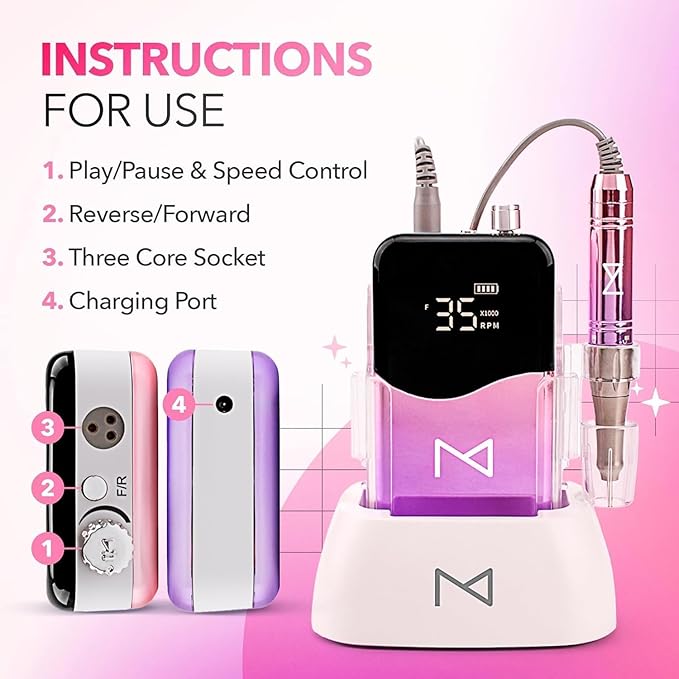 M Mase- Professional Nail Drill Machine - Coreless 2-in-1 Nail File - Electric, Cordless, 35000 RPM, HD Display - Electric Nail Drill for Professional & Home Use (Rose Gold)