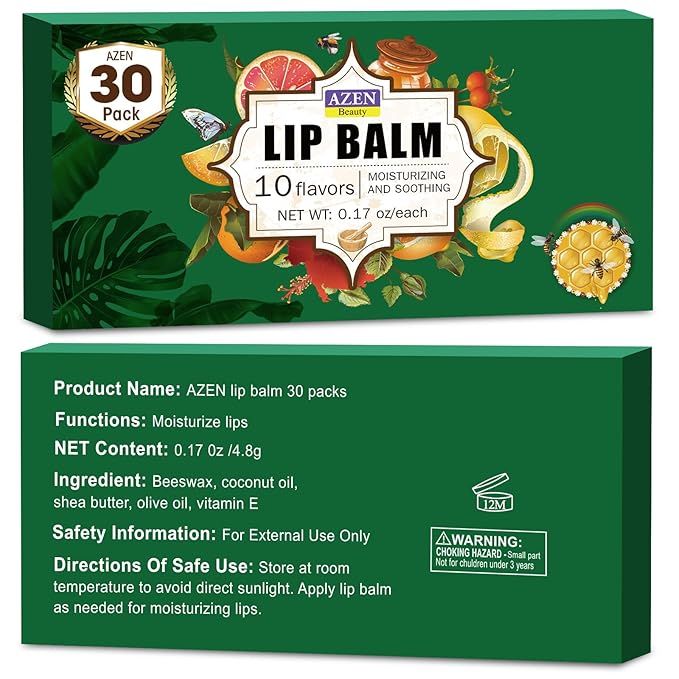 AZEN 30 Pack Lip Balm, Natural Lip Balm Bulk, Lip Care Product, Moisturizing Lip Balm for dry cracked lips - 10 Flavors