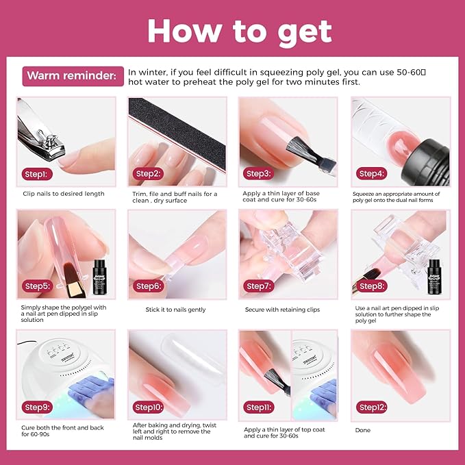 JEWHITENY 28 Colors Poly Nail Gel Kit with Base Top Coat Purple Blue Yellow Nude Pink Glitter Shades Quick-Dry for Beginners DIY Need U V Lamp Curing