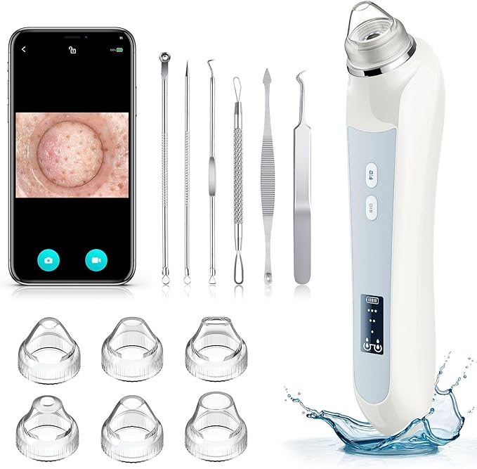 Facial Pore Blackhead Remover Vacuum, 1080P Camera Blackhead Remover, 20x Zoom, 8 LEDs & 3 Suction Modes, 800mAh Battery & USB - 6 Heads Pore Cleaner Kit for Women&Men(White)