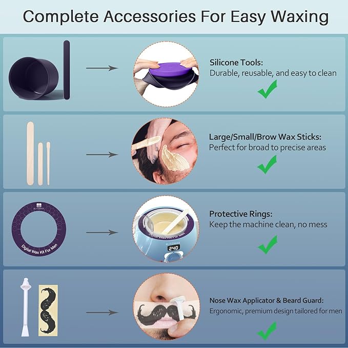 BLITZWAX Back and Nose Waxing Kit for Men, Hard Wax Warmer for Brazilian, Body and Face, At Home Hair Removal Kit, Beginner Friendly, Quick Heating, 93 Accessories, Blue Waves
