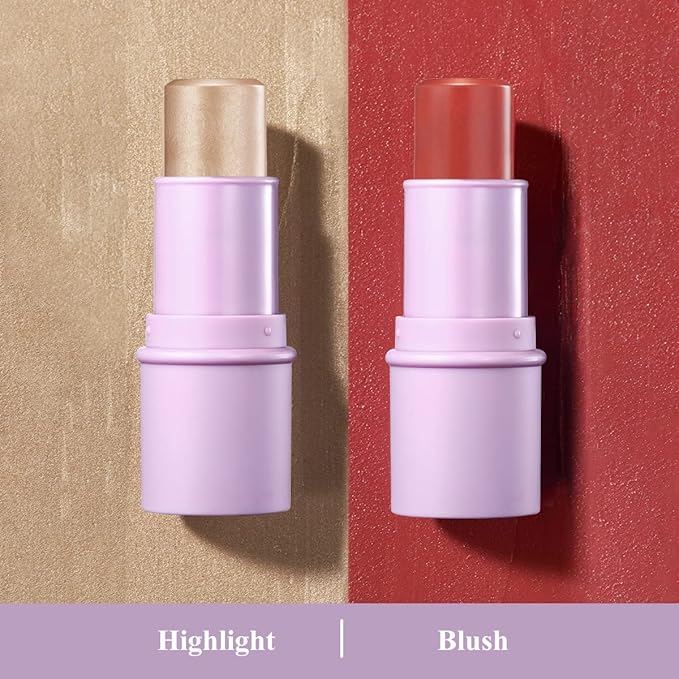 2Pcs Cream Blush Highlighter Makeup Stick Makeup Set for Girls and Women #T Cherry Blush