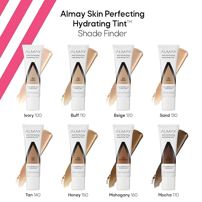 Almay Hydrating Liquid Foundation Tint, Lightweight with Light Coverage, Naturally Dewy Finish, Hypoallergenic, Dermatologist TestedFragrance Free, 140 Tan, 0.94 fl oz.
