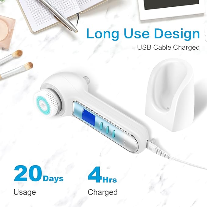Face Scrubber Exfoliator,Facial Cleansing Brush Waterproof with LCD Screen,Blackhead Remover Vacuum with 5 Brush Heads,Face Spin Brush for Exfoliating (White-Blue)