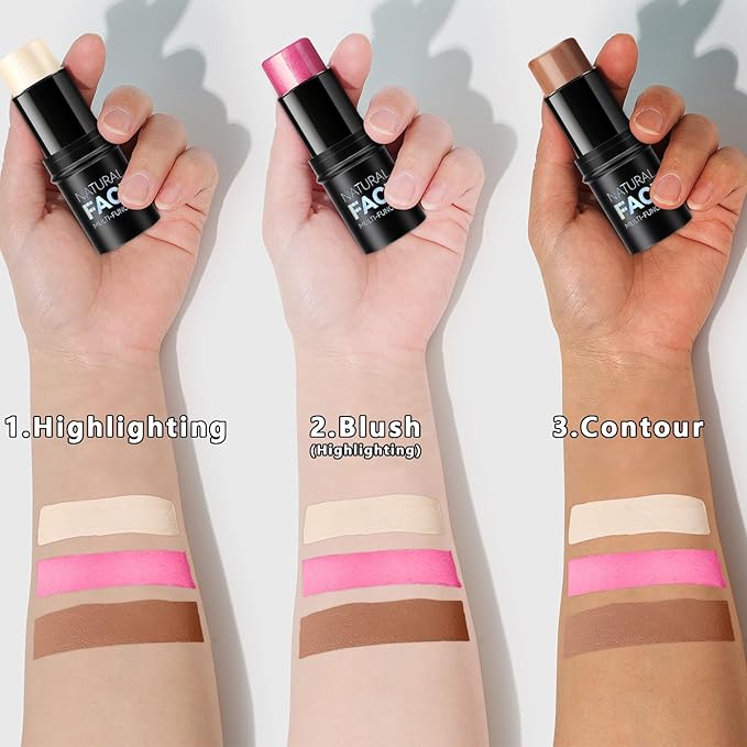 3 Pcs Contour Stick, Highlighter Stick, Blush Stick, Cream Contour Kit with Contour Brush, Create Face Contour, Non-greasy, Waterproof Long-lasting Effect for Women (1+3+4,LIGHT)