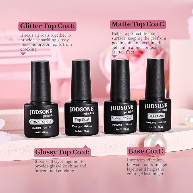 JODSONE 32 Colors Gel Nail Polish Set Same Color Same Bottle No Wipe Base Top Matte Glitter Coat Professional Choice