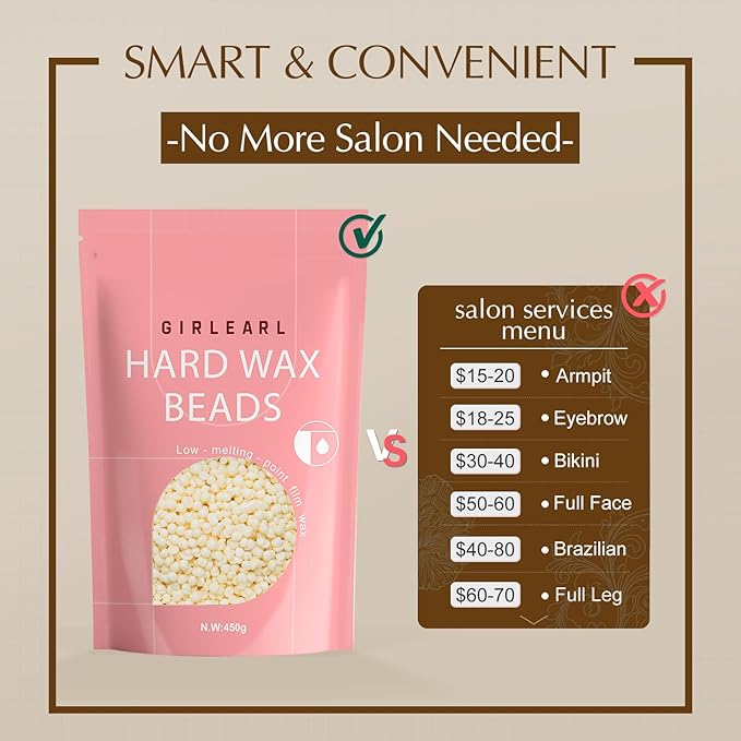Hard Wax Beads, 1lb Wax Beans for Hair Removal, Hard Wax for Sensitive Skin at Home, Wax Refill Perfect for Eyebrow, Facial, Brazilian Bikini, Legs and Full Body for Women and Men (Cream)