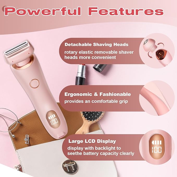 Livora Electric Shaver for Women,2 in 1 Wet & Dry Painless Hair Removal with 2 Removable Heads,Rechargeable Cordless Womens Razor for Bikini,Legs,Arms,Underarm Area,IPX7 Waterproof(Pink)