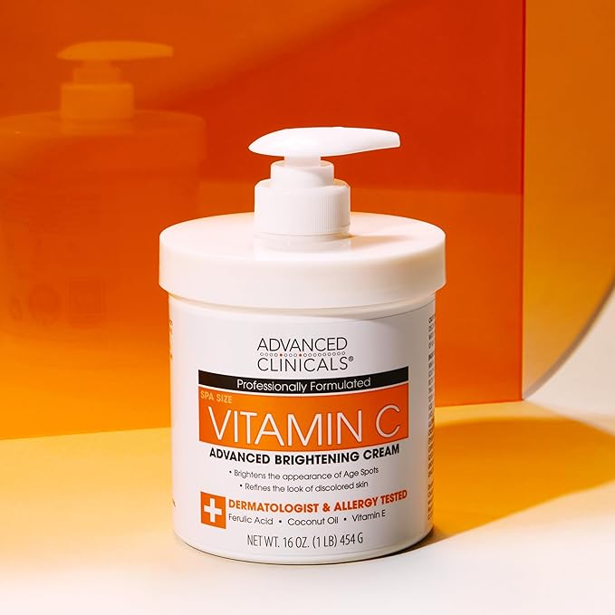 Advanced Clinicals Vitamin C Cream Visibly Brightening Body Lotion | Vitamin C Moisturizer Skin Care Body Cream For Women & Men Visibly Improves Look Of Dark Spots & Uneven Skin Tone, W/Travel Size