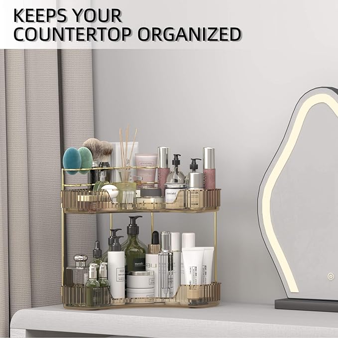 Corner Bathroom Counter Organizer with Top Toothbrush Holders, 2-Tier Make Up Organizers for Vanity with Brush Holder, Corner Storage for Bathroom, Kitchen, Dresser