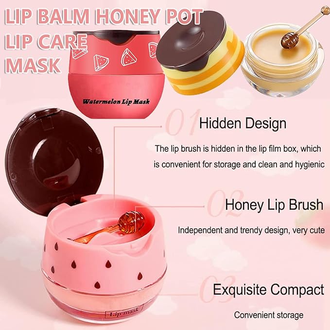 3PCS Bee Lip Balm Honey Pot,Honey Strawberry Watermelon Lip Mask Overnight Moisturizing Lip Balm,Hydrating Prevention Dry & Cracked Nourishing Sleeping Lip Mask (Honey+Strawberry+Watermelon)