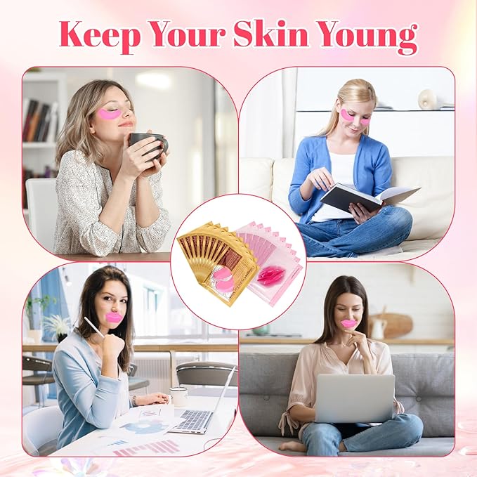 30 Pads Lip Masks & Eye Masks,Under Eye Mask Skincare,Crystal Collagen Lip Mask Sheet,Under Eye Patches for Puffy Eyes and Dark Circles,Moisturizing,Anti-Aging,Reducing Fine Lines,Pink