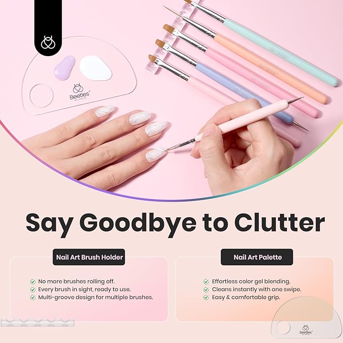 Beetles Nail Art Brushes, 6pcs Nail Art Tool Set, Nail Double-headed Dotting Tools, Striping Nail Art Brushes for Long/Short Lines, Nail Drawing Pen with Nail Brush Holder&Palette For Nail Design