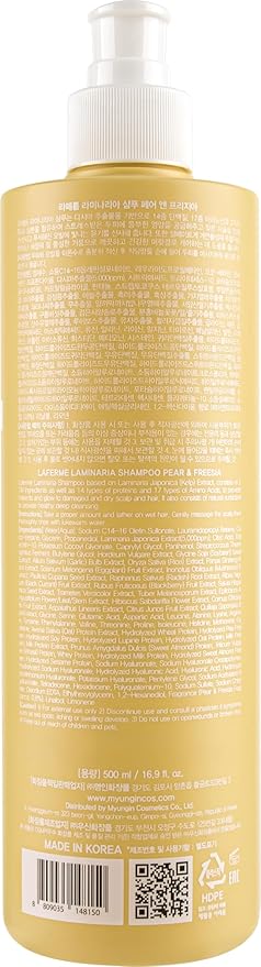 laferme Laminaria Shampoo with Organic Ingredient, Korean Clarifying Shampoo, Hydrating for Dry Hair, Strengthening for Weak Hair, Sulfate & Paraben-Free, for Women & Men,16.9 FL. OZ, Pear & Freesia
