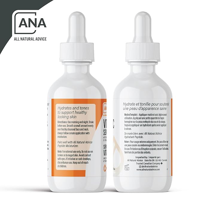 All Natural Advice Vitamin C Serum 60mL | 20% Vitamin C Face Serum Solution with Organic Botanicals, Hyaluronic Acid & Vitamin E | UV-Shielding Glass Bottle, Spray & Dropper | Canadian Skin Care
