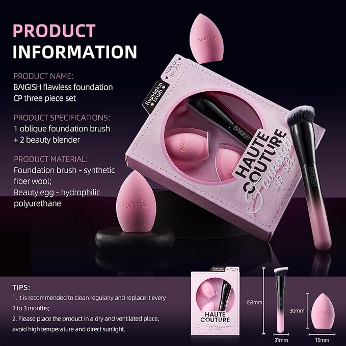 Makeup Brush Set, Flat Top Kabuki Brush Premium Foundation Brush for Liquid, Cream, and Powder with 2 Makeup Sponge for Foundation, Powder, Blush, and Concealer