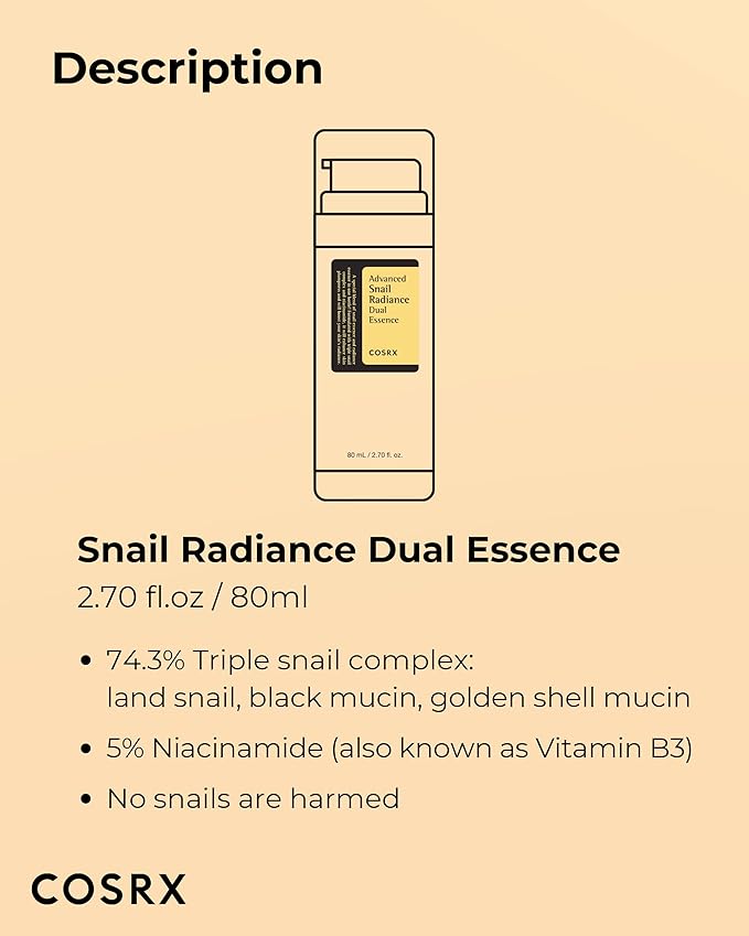 COSRX Niacinamide 5% + Snail Mucin 74% Dual Essence, Anti aging Face Serum for Dull Skin, Hydrating, Brightening, Repairing, 2.70 fl.oz / 80ml, Sensitive Skin, Not Tested on Animals, Korean Skincare