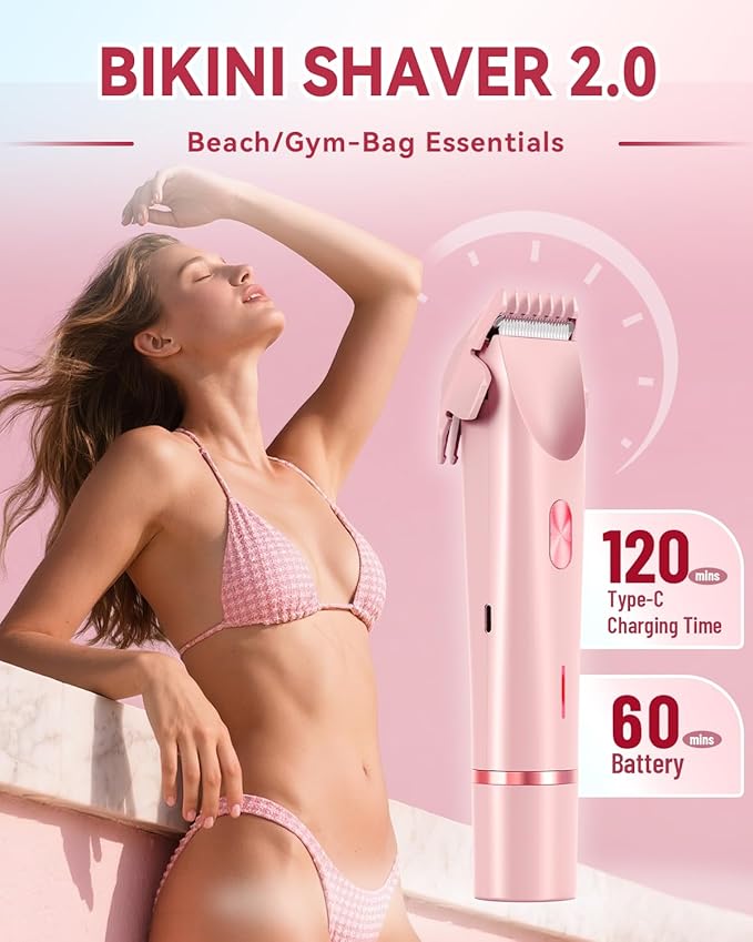 Dermave Bikini Shaver 2.0, Electric Bikini Trimmer for Women Pubic Hair, 2 in 1 Dual Head Body Hair Electric Razor, Waterproof, Wet/Dry