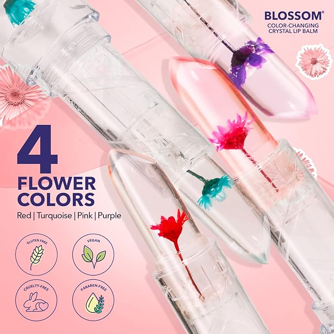 Blossom Moisturizing Custom Color Changing Crystal Lip Balm, Strawberry Scented, Lip Stain Tint, Infused with Real Flowers, 3g, Purple