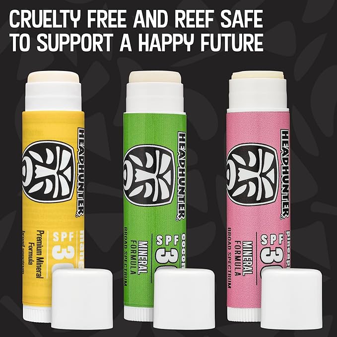 Headhunter Sport Chapstick Sunscreen SPF 30, Natural Mineral Waterproof Lip Balm For Sun Protection, Ultra Solar Defense - Reef Safe Sunblock Chap Stick, 3 Flavors - Coconut, Pineapple, Mango (9 Pack)