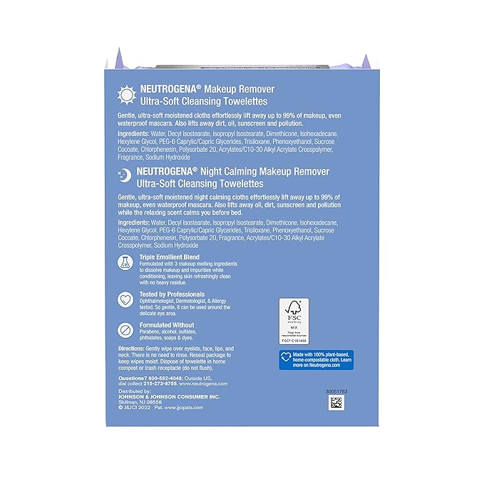 Neutrogena Day & Night Wipes, Makeup Remover Face Cleansing Towelettes & Night Calming Facial Cloths, 100% Plant Based Fibers Wipe Away Dirt, Alcohol-Free, 3 Packs of 25 ct, 75 ct