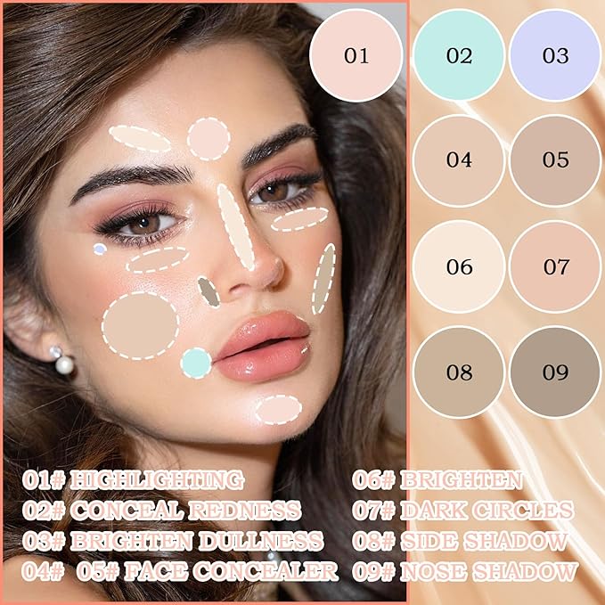 9 Colors Concealer Contour Palette,Correcting Concealer Makeup Palette 9 In 1 Contouring Foundation Cream Contour Palette for Redness,Dark Circles,Blemish,Acne(04#)