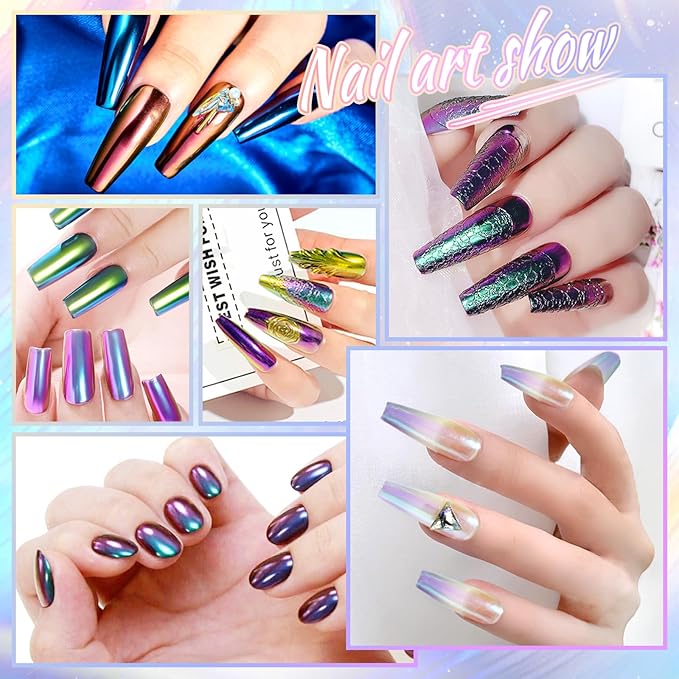 Laza Chameleon Chrome Nail Powder, 8 Colors Glazed Donut Nails Metallic Mirror Effect Pigment, Iridescent Aurora Nail Glitter Holographic Dust Kit for Gel Nail Art Decoration, Gifts - Colorful Peacock