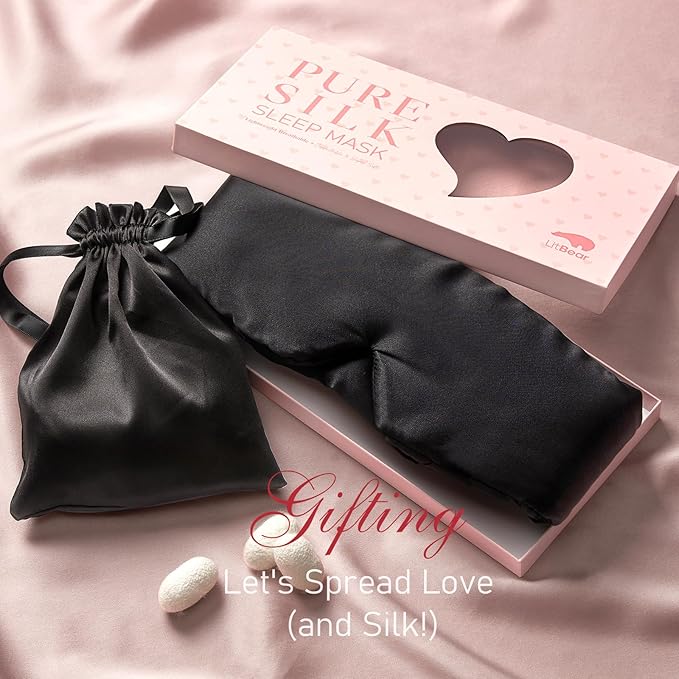 LitBear Silk Sleep Mask for Side Sleeper, Eye Mask Sleeping for Women Men 100% 22 Momme Pure Mulberry Silk, Face-Hugging Padded Eye Cover for Sleeping with Adjustable Band (Black)