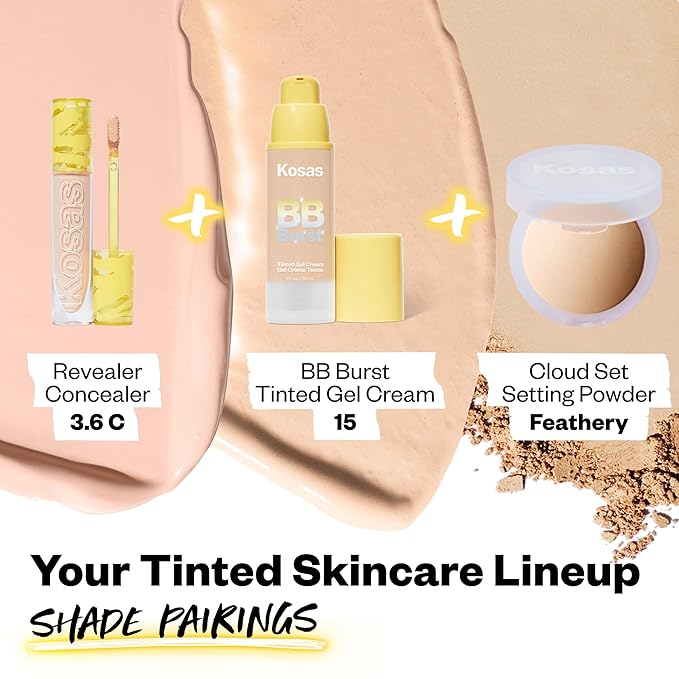 Kosas BB Burst Tinted Face Gel Cream - Supports Healthy Collagen, Smoothes Skin, Hydrates & Moisturizes - Lightweight Buildable Coverage - Light+ Cool 15, (1 Oz/30 ML)