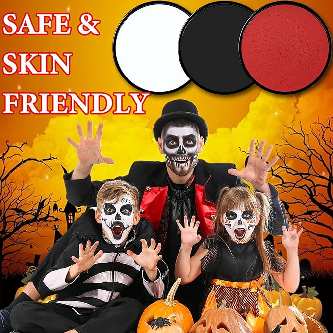 3 Pcs Halloween Face Paint Special Effects Makeup Kit,Water-based Black White Red Face Body Paint,Clown Cosplay SFX Joker Zombie White Makeup Professional Face Painting Kit for Adult