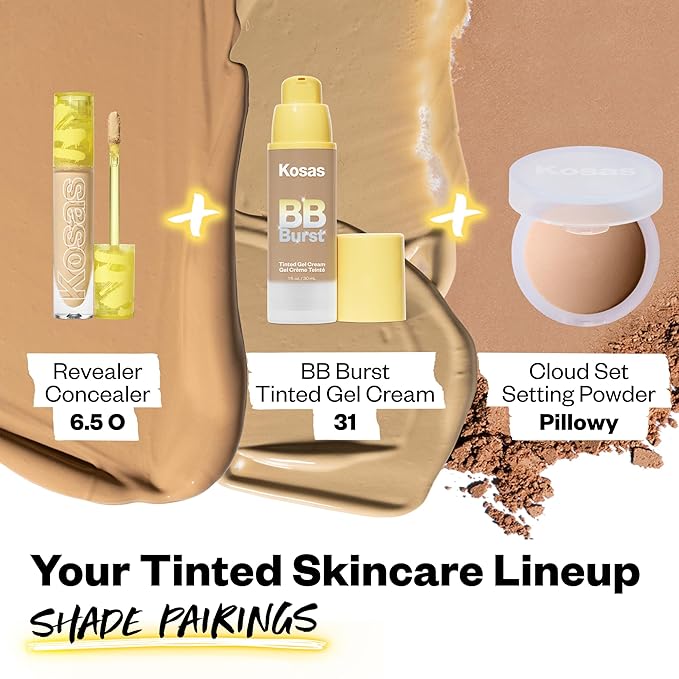 Kosas BB Burst Tinted Face Gel Cream - Supports Healthy Collagen, Smoothes Skin, Hydrates & Moisturizes- Lightweight Buildable Coverage - Medium Deep Neutral Olive 31, (1 Oz/30 ML)