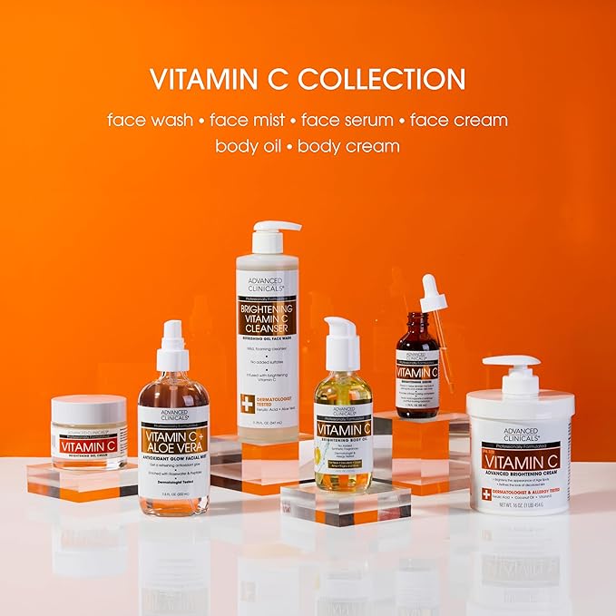 Advanced Clinicals Vitamin C Cream + Vitamin C Serum 2PC Skincare Set | Brightening Body Lotion & Facial Serum For Women & Men Helps Diminish Appearance Of Dark Spots, Wrinkles, & Uneven Skin Tone